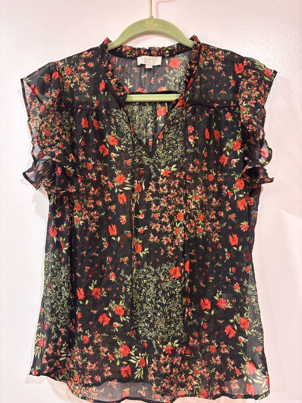 Status by Chenault Sheer Black Floral Ruffle Sleeve Women's Top